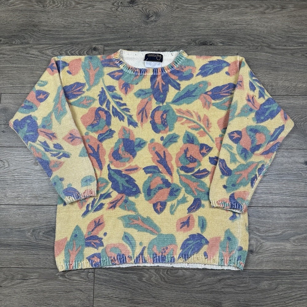 Vintage Country Shop Autumn Leaves Sweater Women's S/M Yellow Pastel Abstract - Picture 1 of 7